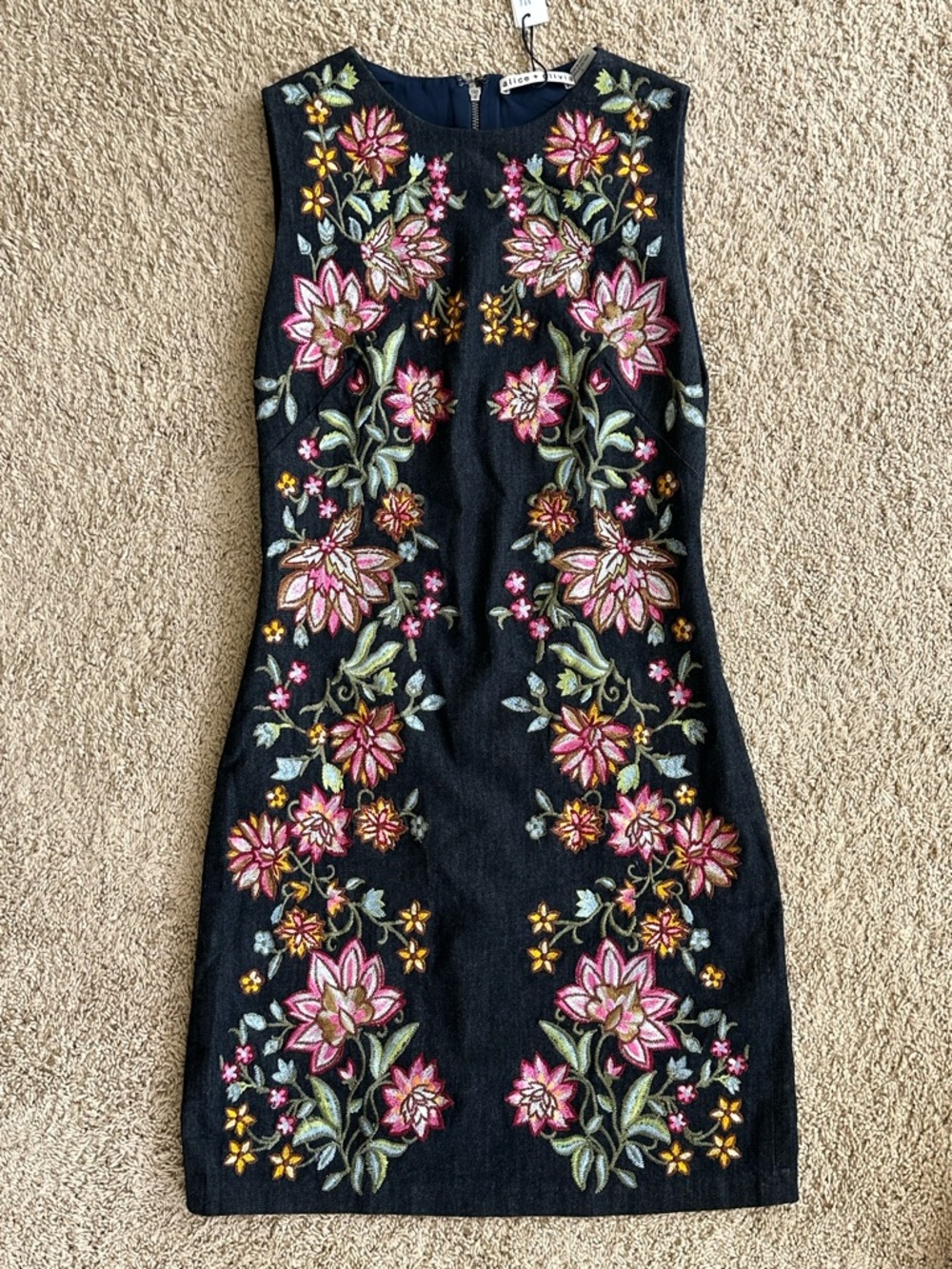 ALICE + OLIVIA Indigo Navy Blue Denim Floral Embroidered NAT Shift Mini-Dress